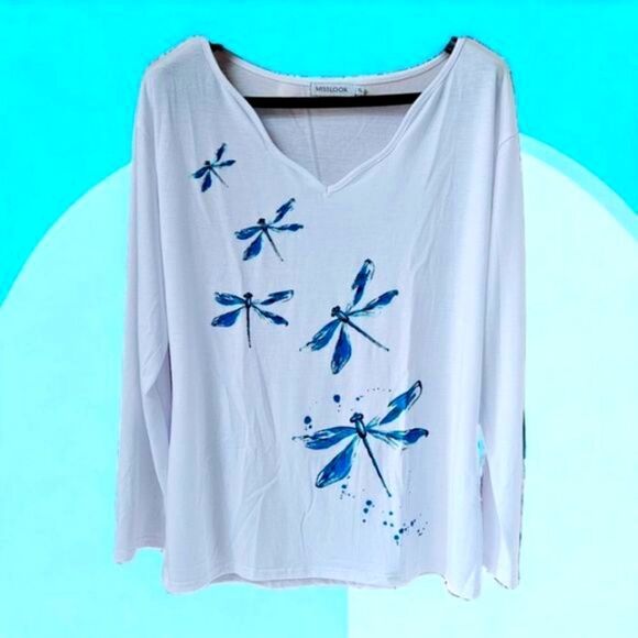 MISSLOOK Women's White LongSleeve Dragonfly detail V-Neck Shirt XL - Picture 1 of 12